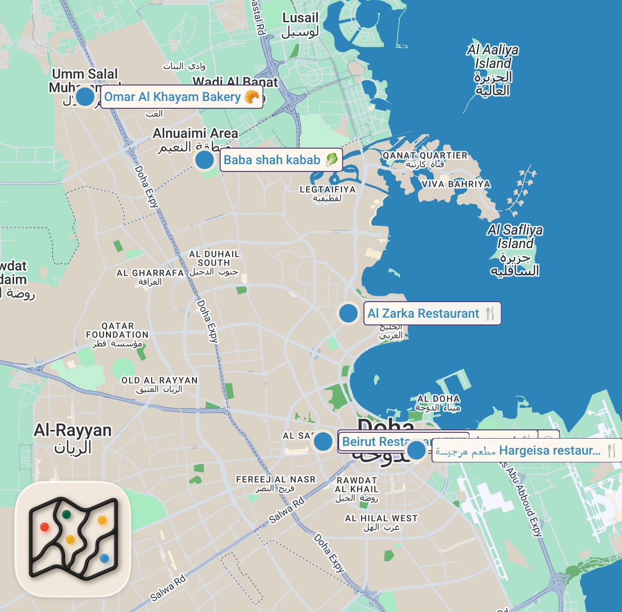Map of 7 spots from I Ate STREET FOOD in Qatar for 24 Hours!! (Best Food in Doha 🇶🇦)