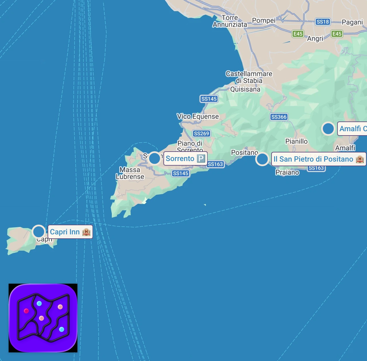 Map of 4 spots from my first time in italy 🍋 a week in amalfi coast & sorrento, girls trip, beaches & lots of food