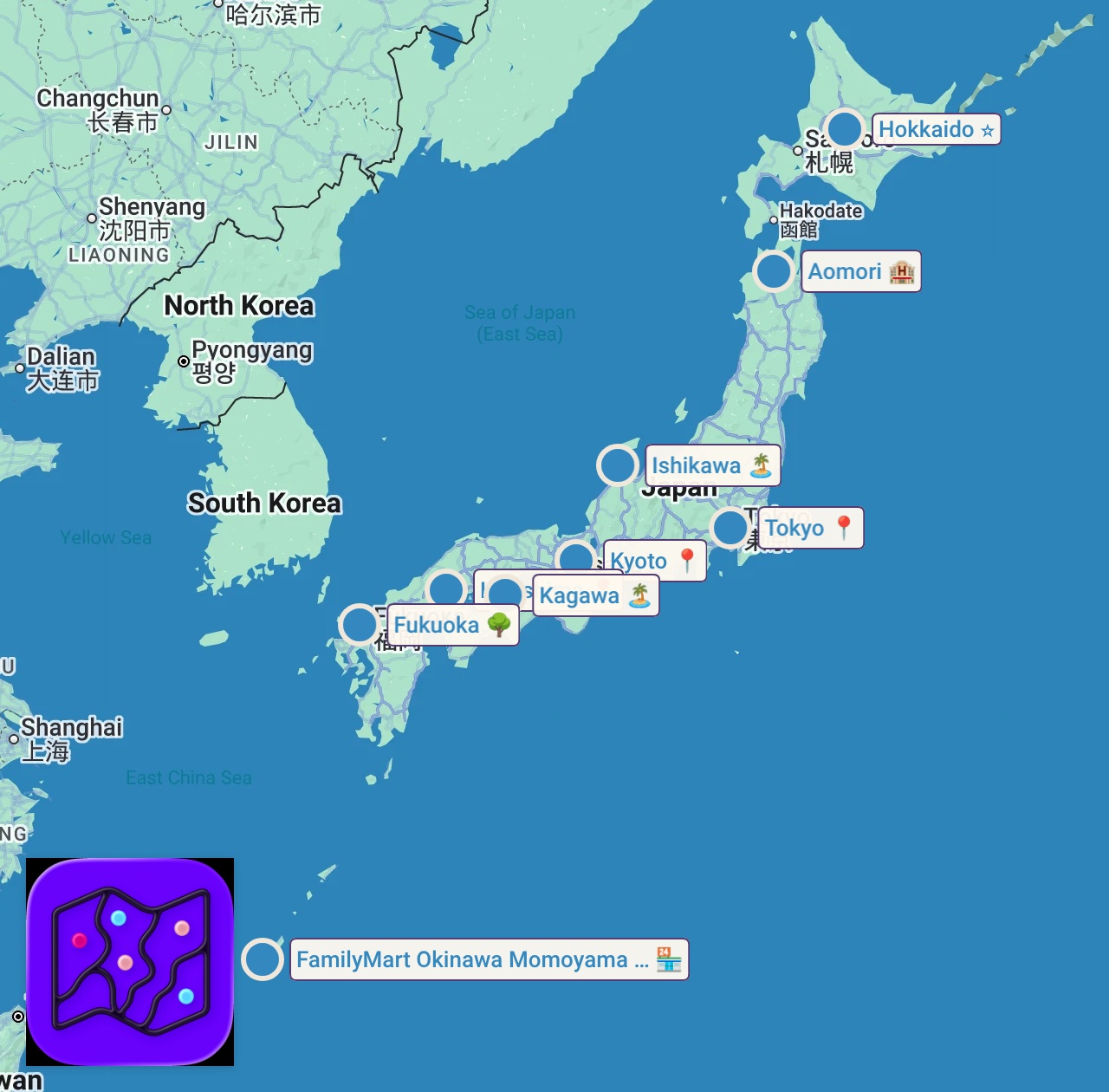 Map of 9 spots from 【ランキング】一人旅におすすめの旅先をJAL社員100人に聞いてみた！