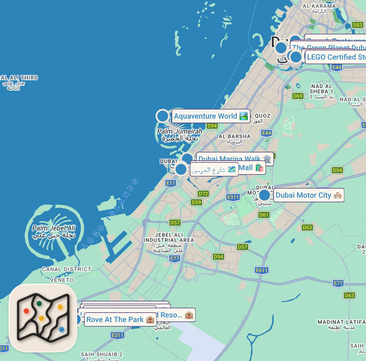 Map of 16 spots from دبي   6 أماكن رهيبة