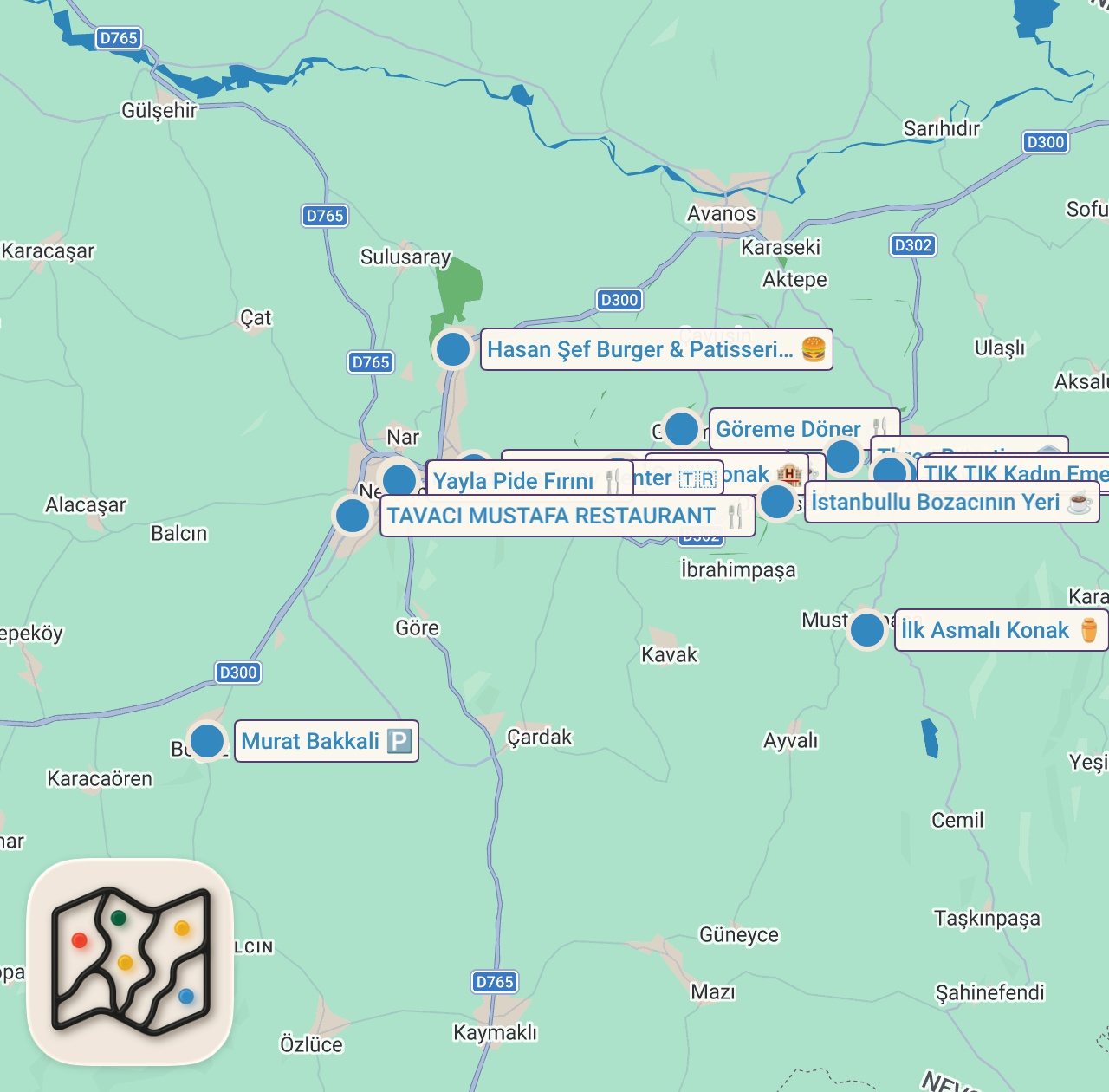 Map of 17 spots from NEVŞEHİR KAPADOKYA’DA 1 GÜNDE NE YENİR!!!