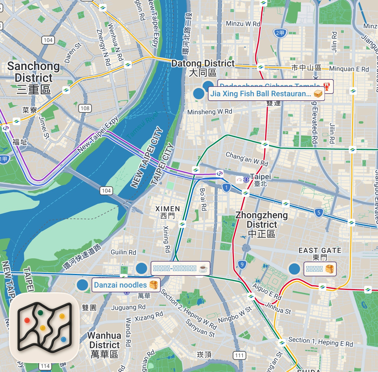 Map of 5 spots from 8 AM Taiwanese Street Food Tour!! 🇹🇼  BREAKFAST BUFFET + Danzai Noodles in Taiwan!!