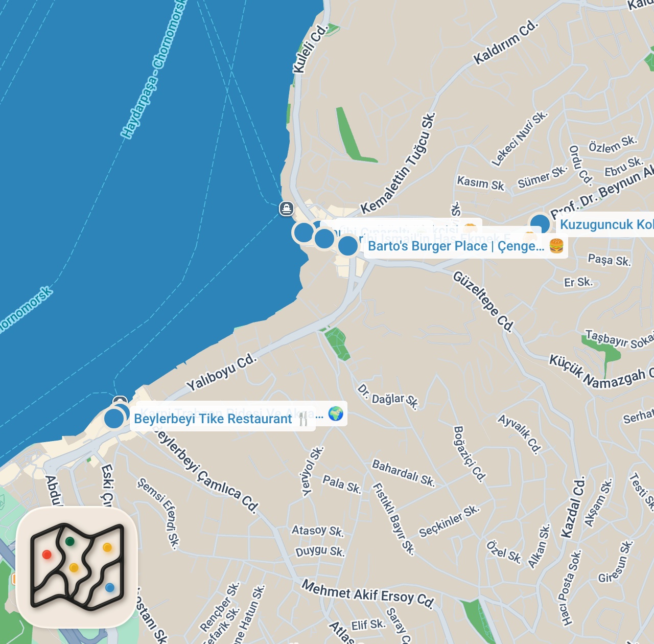 Map preview for ÜSKÜDAR LEZZET REHBERİ (Adana kebabı, kokoreç, kuru fasulye, Trabzon pidesi) - Ayaküstü Lezzetler