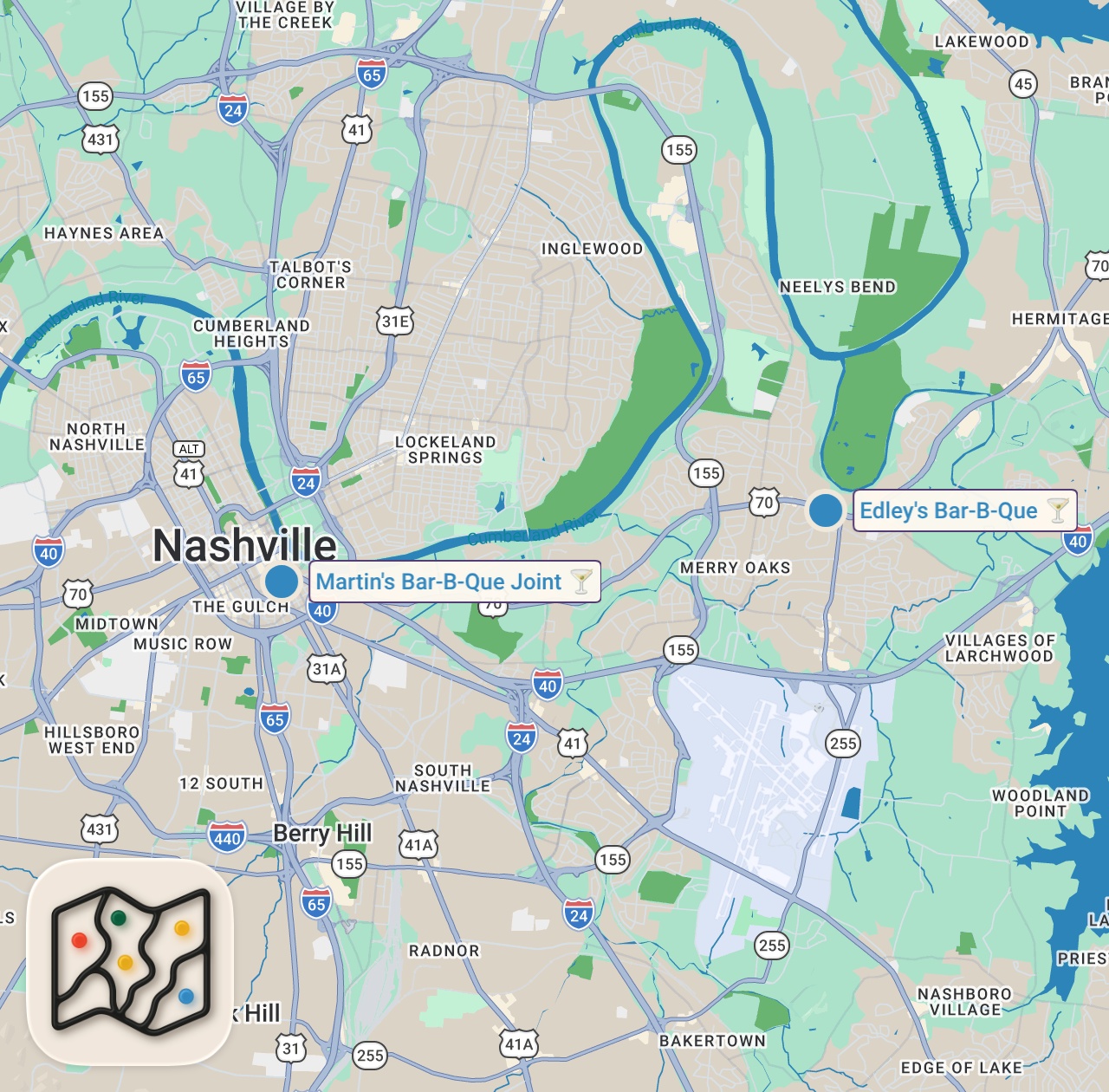 Map of 2 spots from I Tried The MOST Popular BBQ Restaurants in Nashville... (Here are my thoughts)