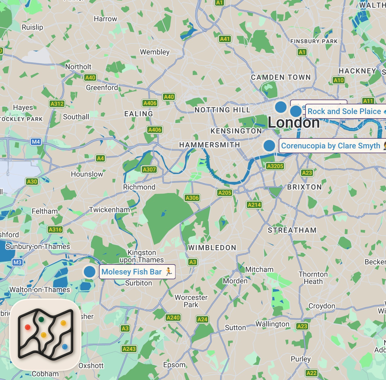 Map of 4 spots from I Tried the Best Fish and Chips in London!! (Finally Settled)