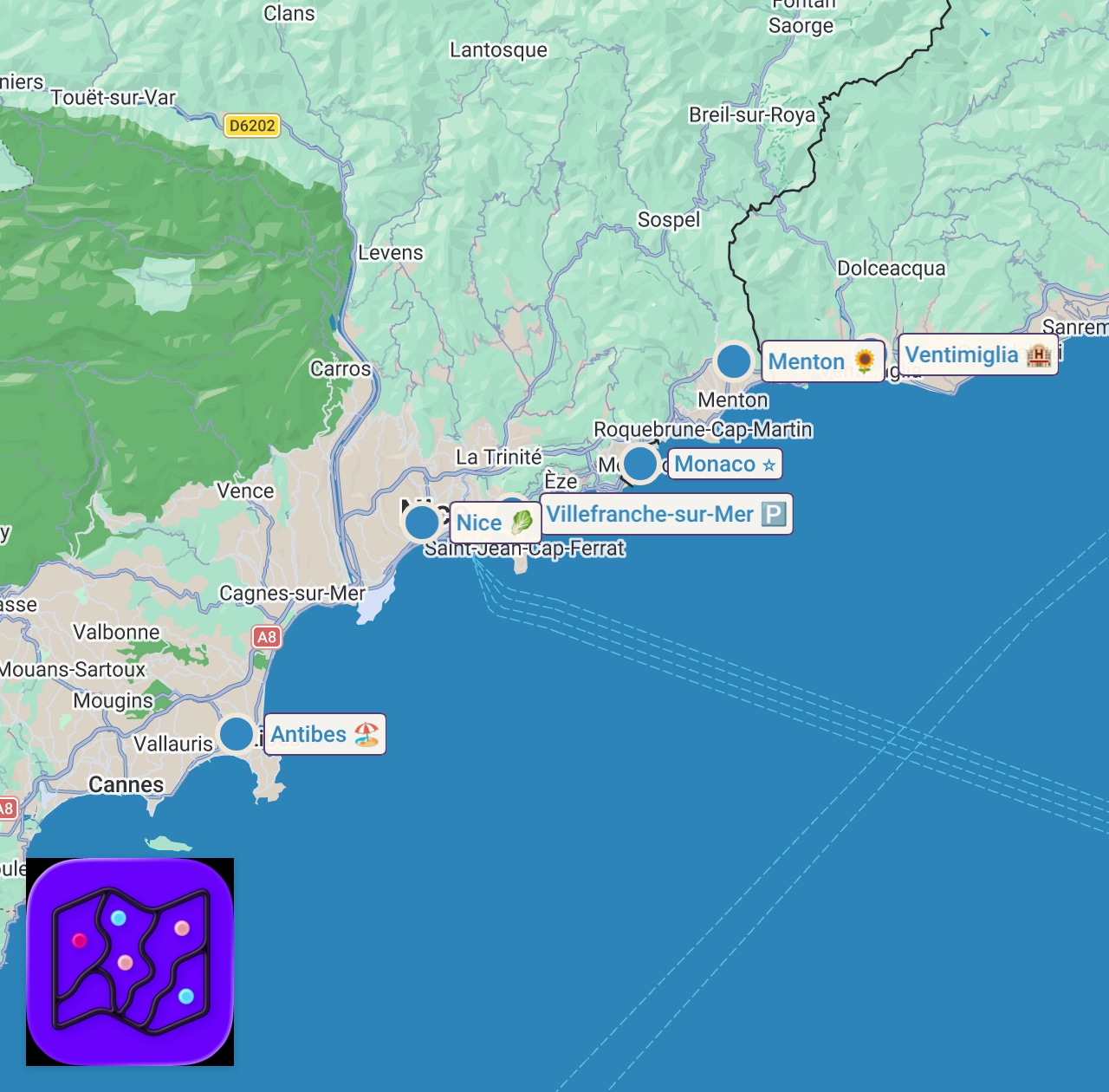 Map of 6 spots from Ultimate One Week Itinerary French Riviera | Top places to visit South of France