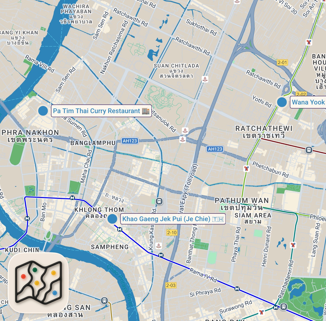 Map of 3 spots from Thai Street Food - $1 VS $150 Thai Curry in Bangkok!!