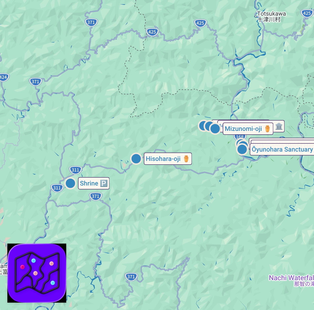 Map of 9 spots from 【4K 日本を散歩】雨降る世界遺産 熊野古道 中辺路 自然と歴史が織りなす美しい風景 人気ルート 発心門王子〜熊野本宮大社