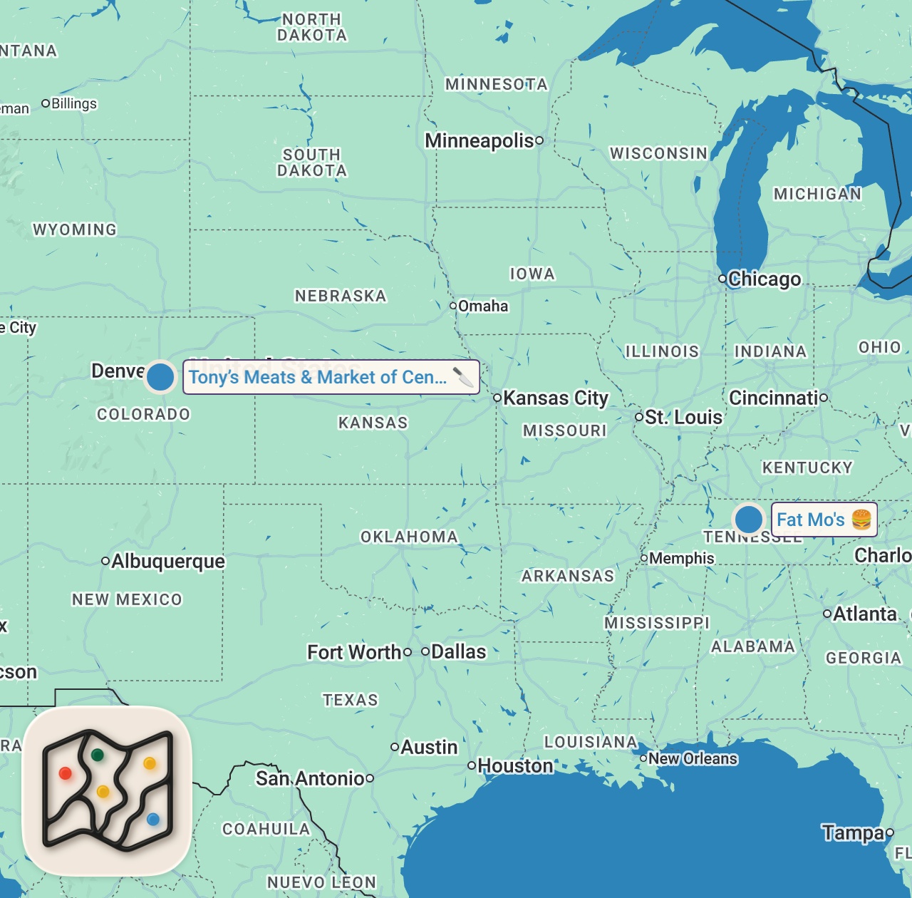 Map of 2 spots from Eating At SKETCHY Restaurants For 24 Hours... AGAIN
