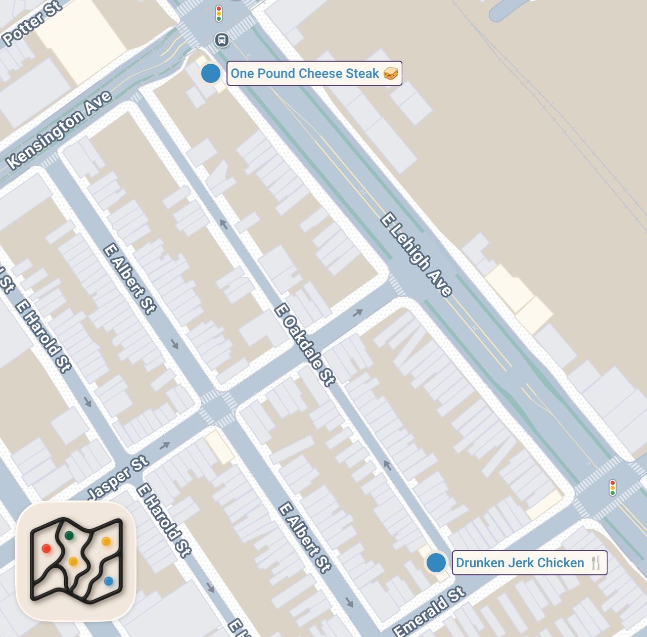 Map of 2 spots from Is this the BEST RASTA PASTA in PHILLY?  Drunken Jerk Chicken in Philly