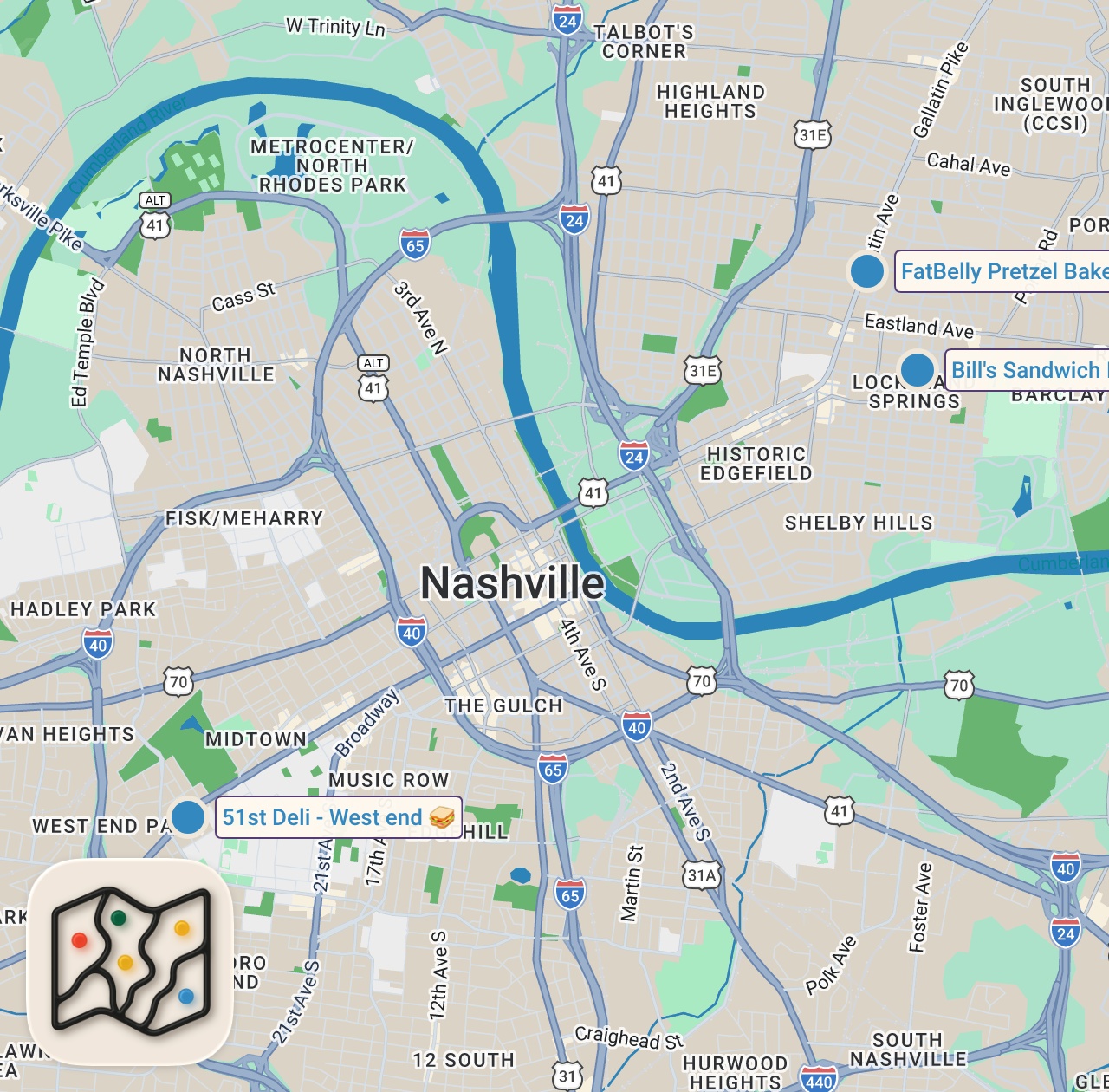 Map preview for The Ultimate Sandwich Showdown TOP 3 in Nashville