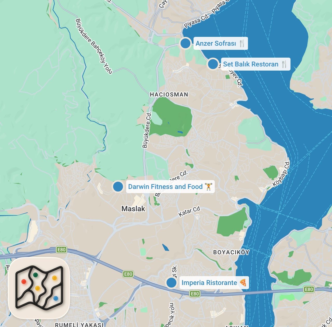 Map preview for SARIYER LEZZET REHBERİ (20 gr proteinli donut ve tiramisu yedik) - Ayaküstü Lezzetler