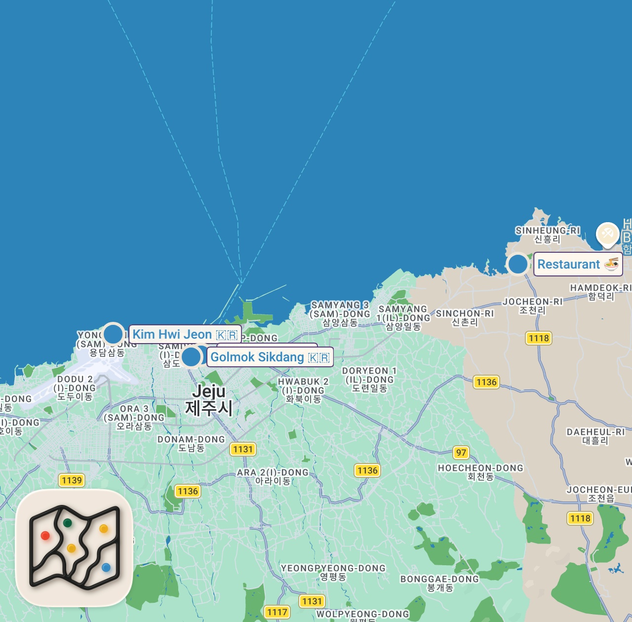 Map of 5 spots from I Ate the Best KOREAN FOOD in Jeju Island for 24 Hours!!