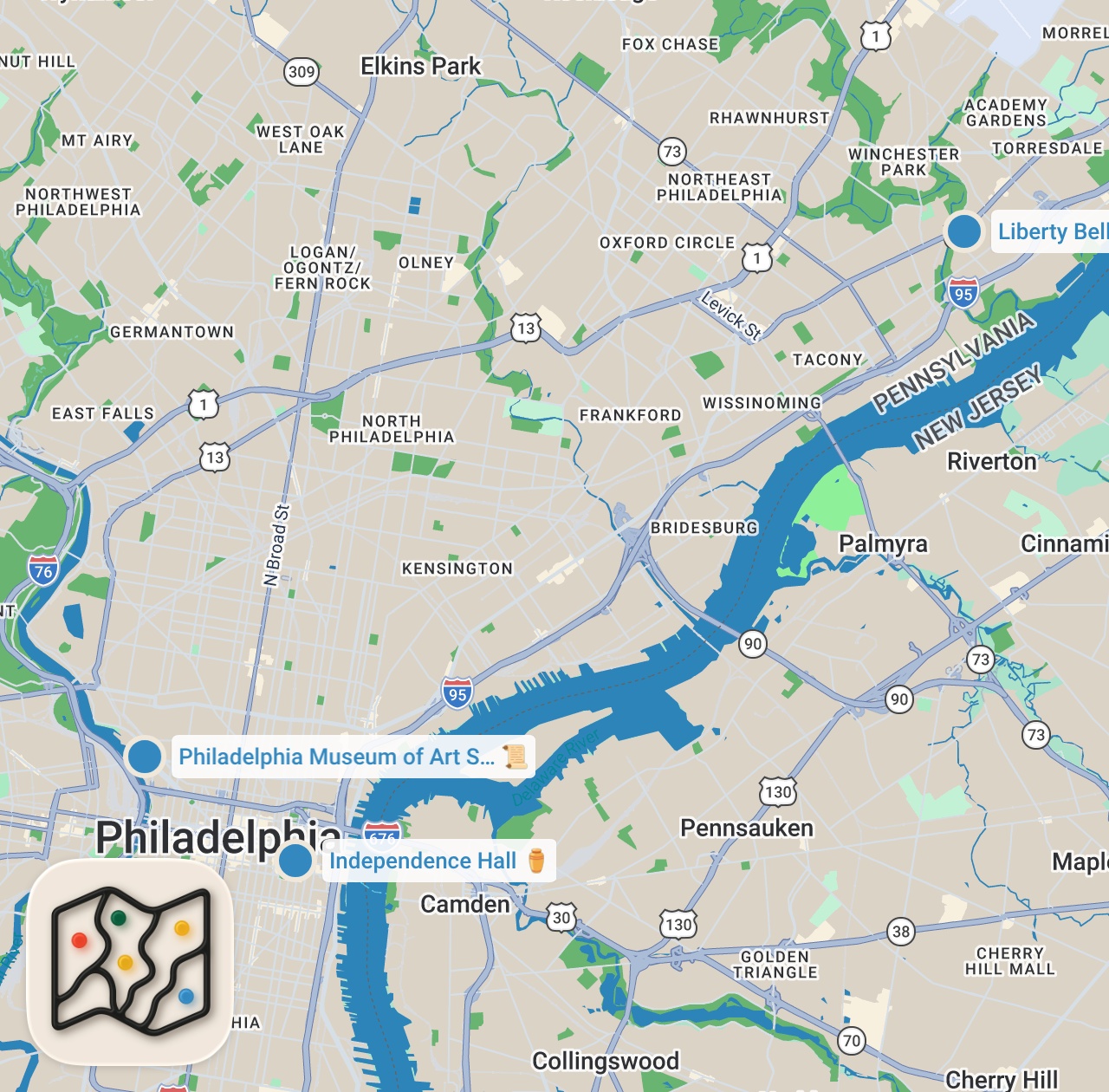 Map preview for Perfect Day in Philadelphia: 15+ Must-See Landmarks and Eats