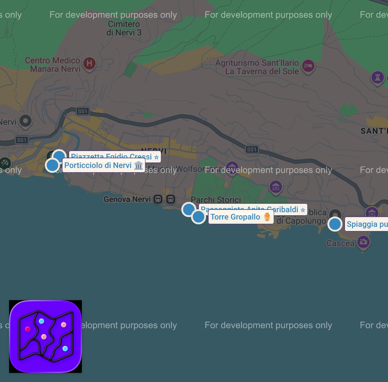 Map of 5 spots from 🌅 The Most Romantic Walk in Italy! Passeggiata Anita Garibaldi at Sunset (4K) | Nervi, Genoa