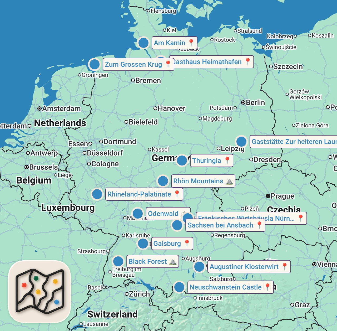 Map of 16 spots from 15 deutsche Gerichte, die du gern schon früher entdeckt hättest!