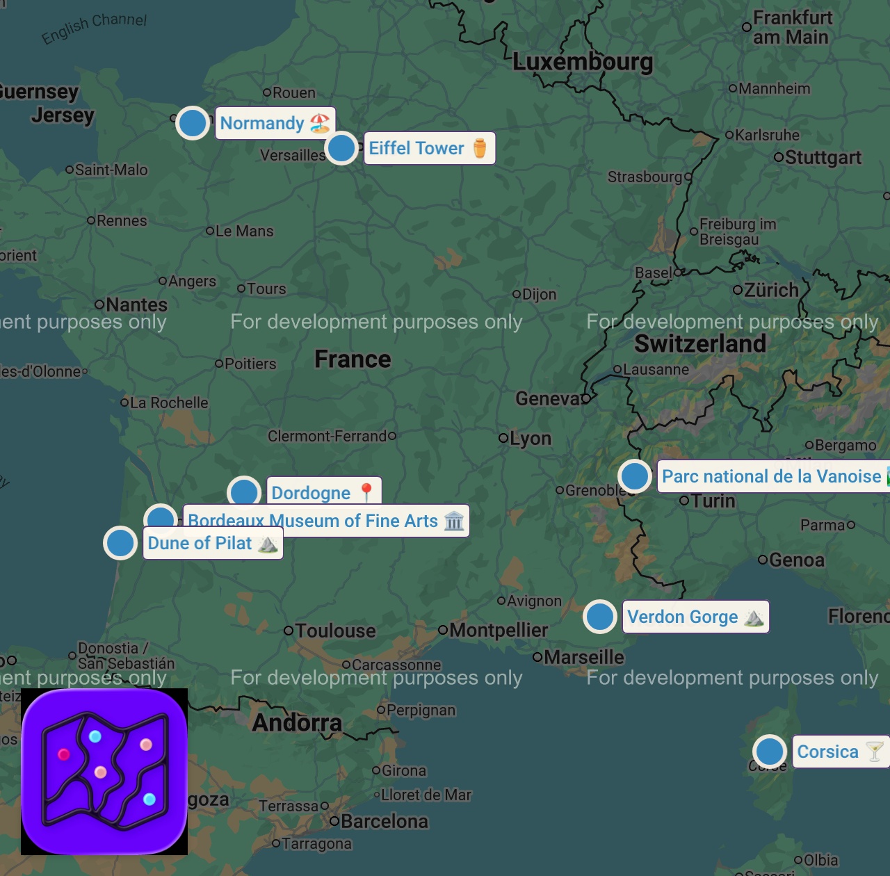 Map of 8 spots from Guide de Voyage en France 🇫🇷 (10 Lieux INCROYABLES à Visiter !)