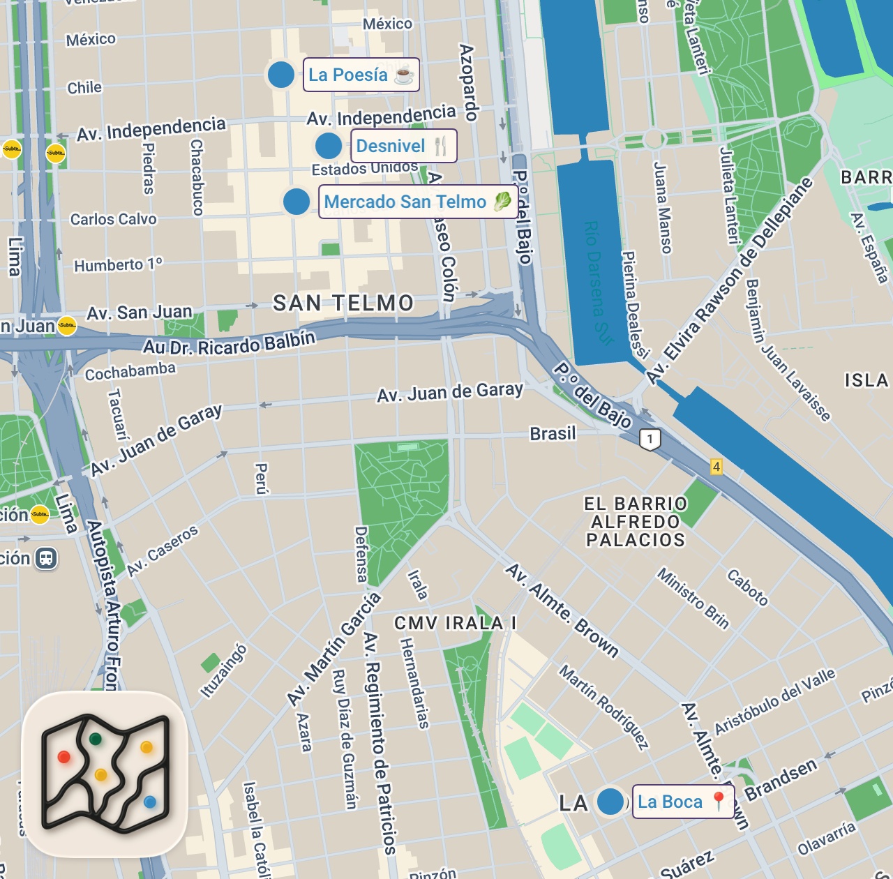 Map of 4 spots from What to do in Buenos Aires, Argentina | San Telmo & La Boca City Guide