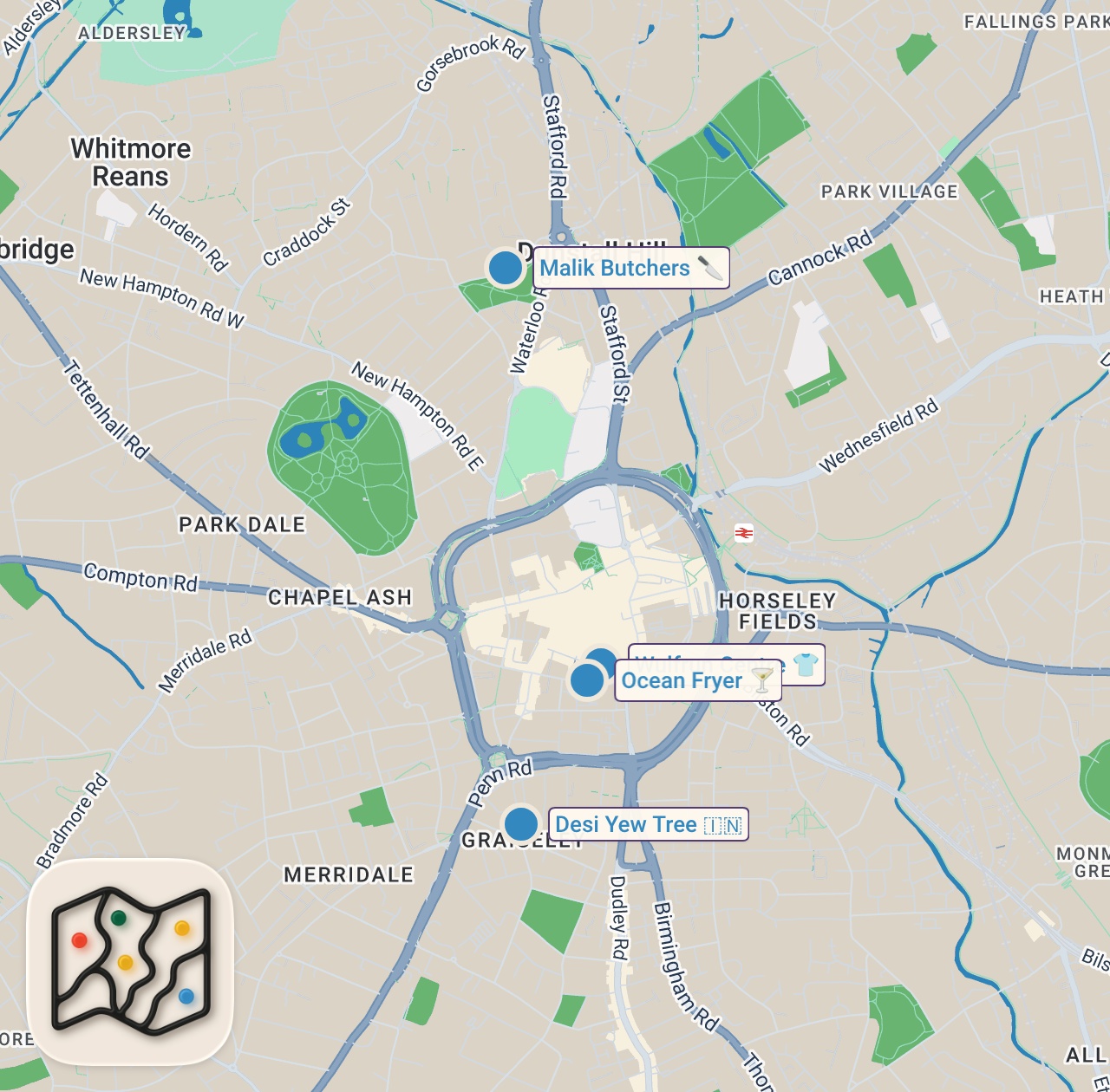 Map of 4 spots from Wolverhampton's food BLEW ME AWAY 🤯
