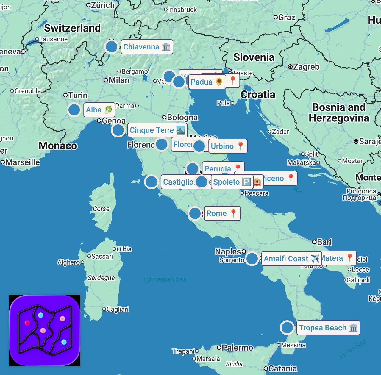 Map of 16 spots from This is the ONLY WAY to Visit ITALY on a Budget in 2026