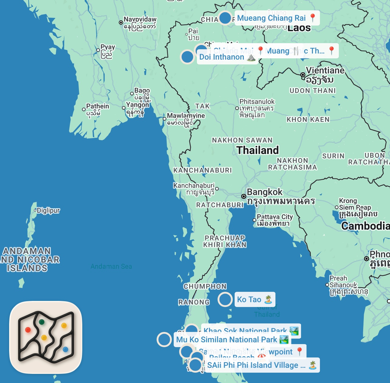 Map preview for Top 10 Places To Visit in Thailand - Travel Guide
