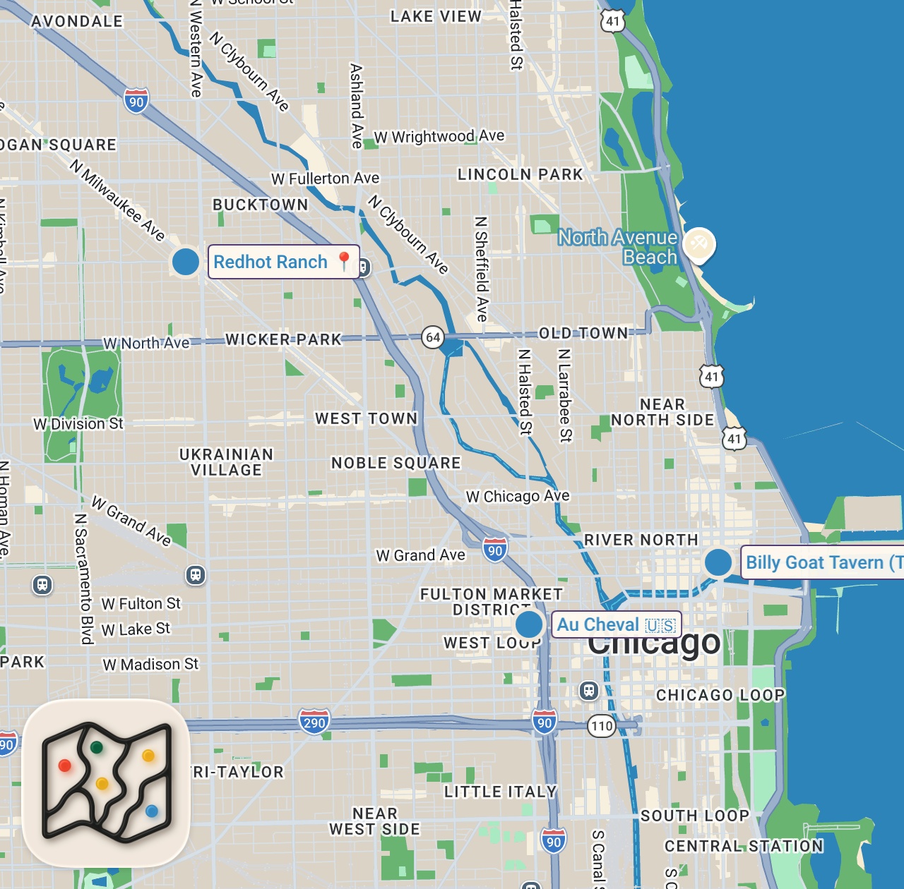Map of 3 spots from America’s Best Burger 🍔 Chicago's Most Famous Double Cheeseburger!