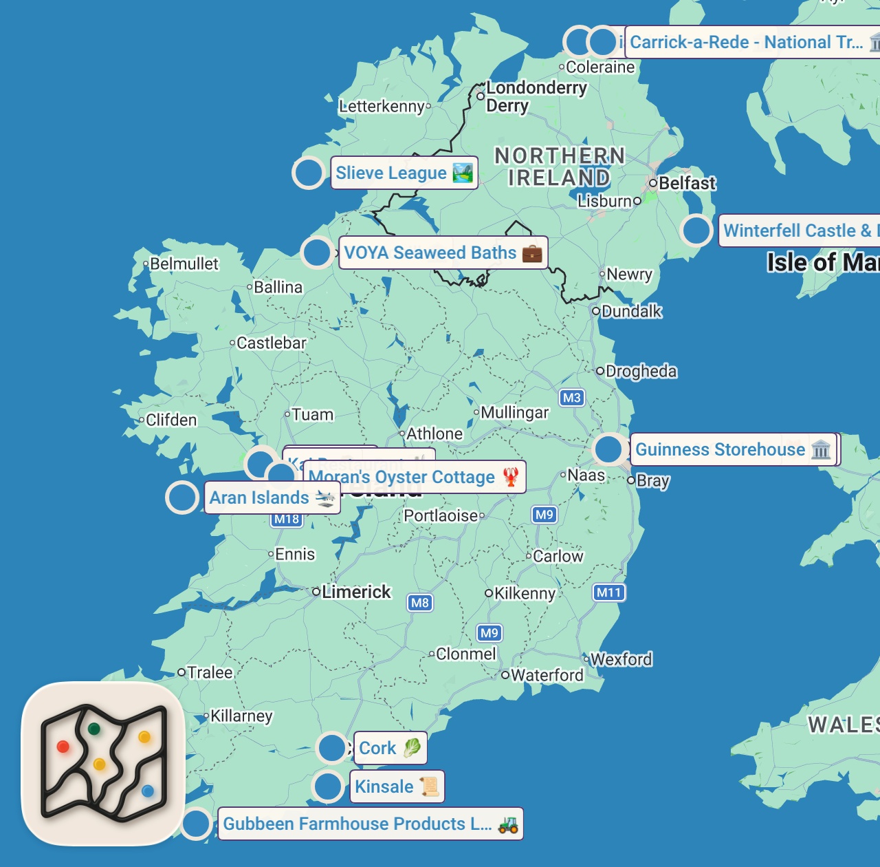 Map of 19 spots from Top 10 MOST BEAUTIFUL Places in IRELAND | Essential Irish Travel Guide  🇮🇪