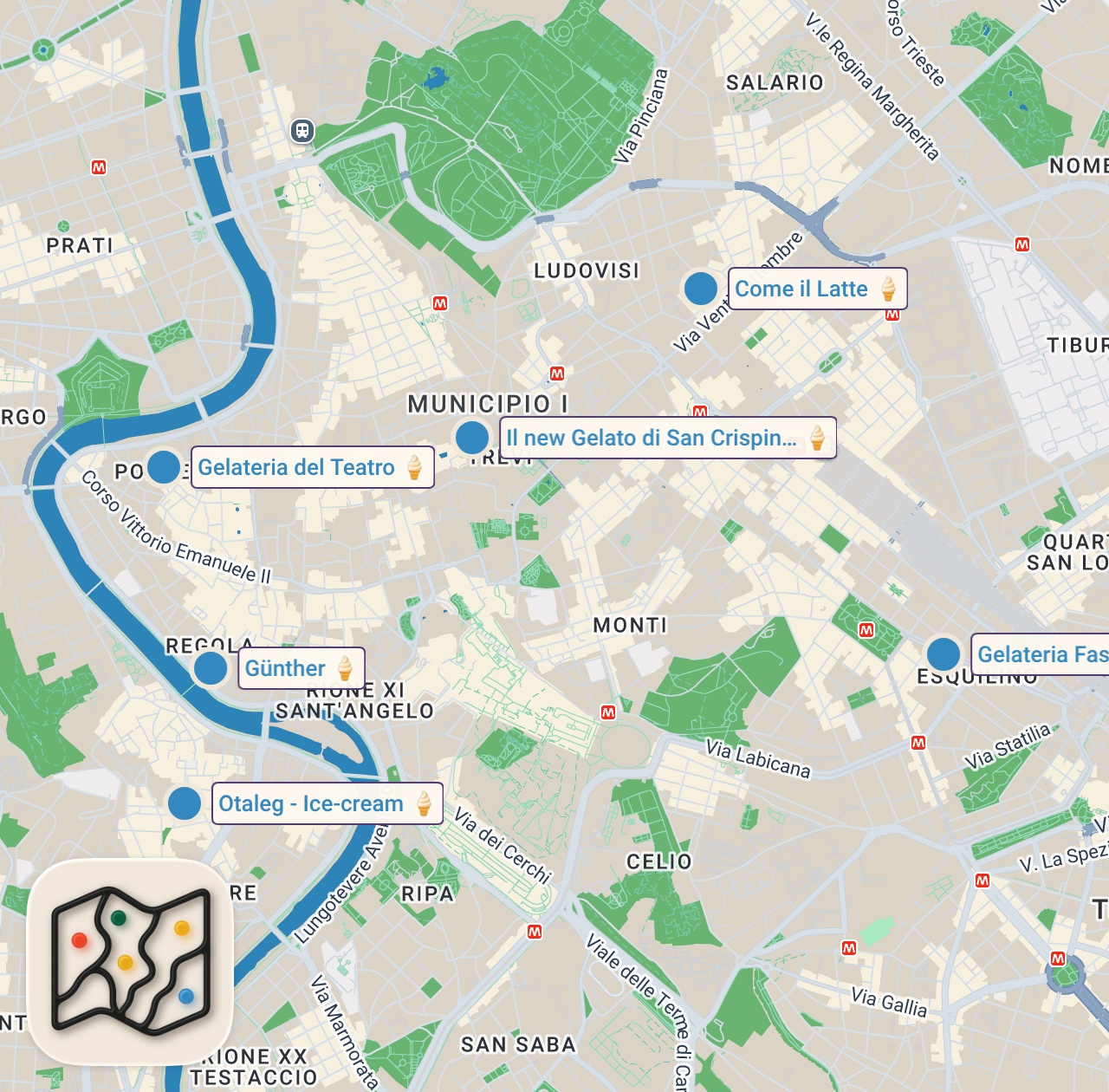 Map of 6 spots from Where to Eat the Best Gelato in Rome