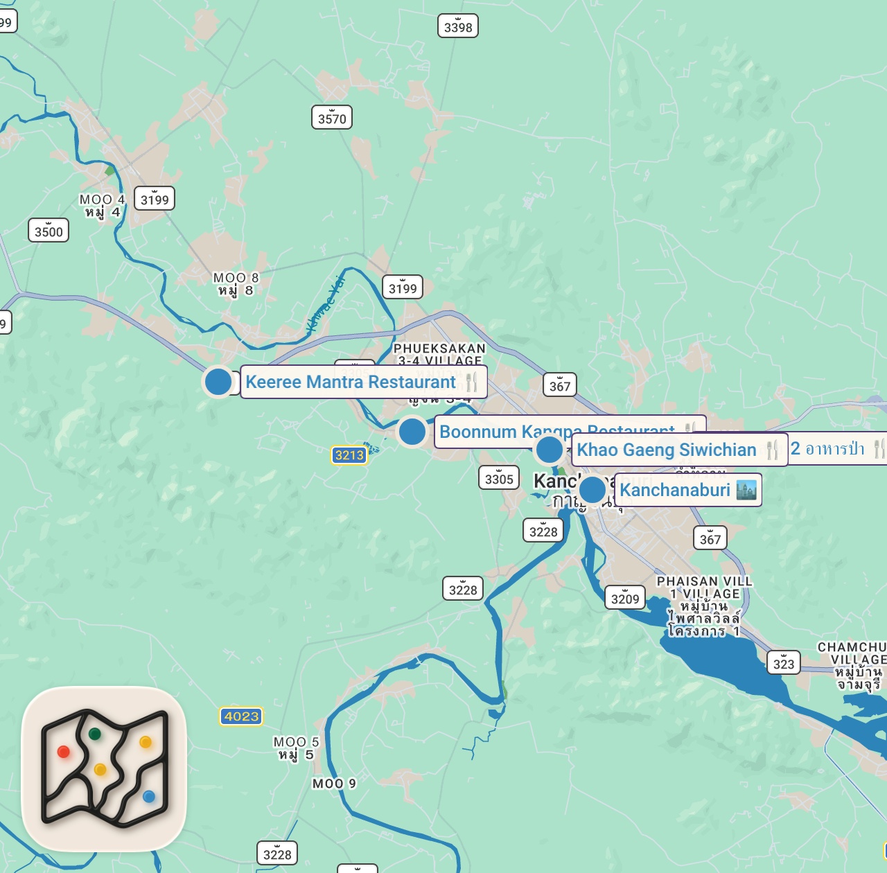 Map of 5 spots from Thai Street Food!! 🌶️ SPICY JUNGLE CURRY in Kanchanaburi - Thailand's Best Ever Food!!
