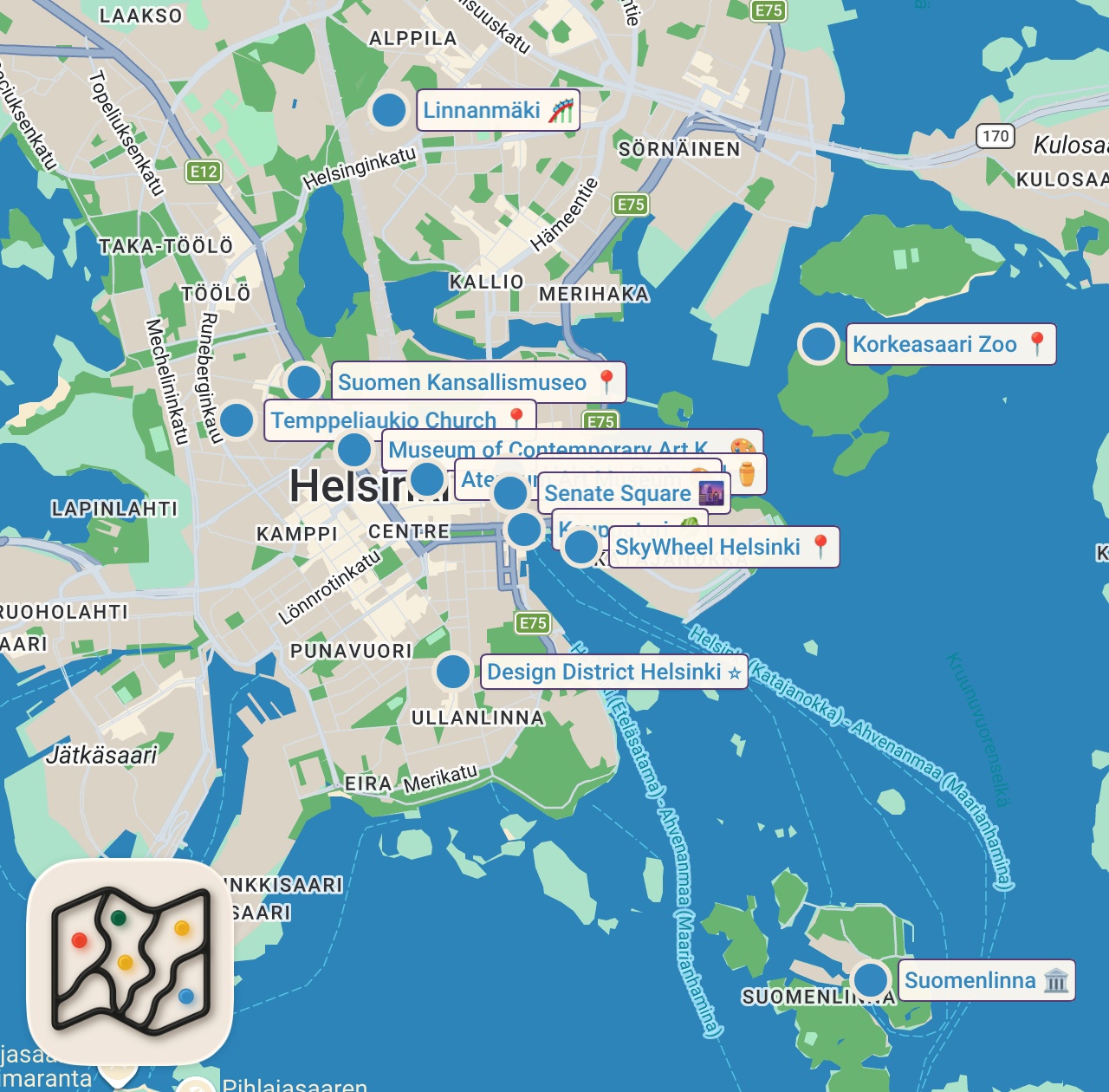 Map of 13 spots from 10 BEST Things To Do In Helsinki | Helsinki Travel Guide