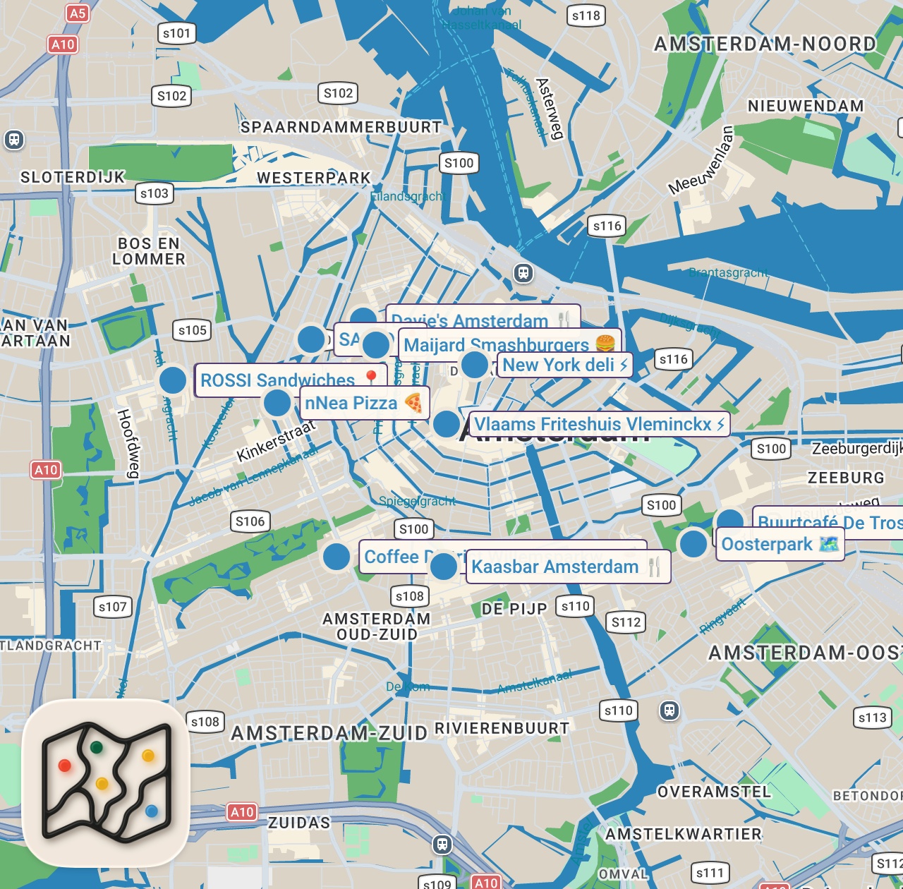 Map of 12 spots from AMSTERDAM FOOD GUIDE | Croissant, Pastrami, Smash Burger, Vegan Lasagna