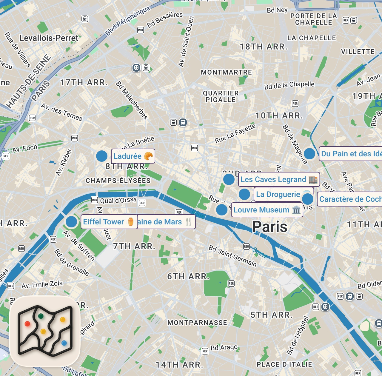 Map of 8 spots from 24 Hours of STREET FOODS in Paris, France 🇫🇷  Crêpes, Macaron, Jambon-Beurre & More!