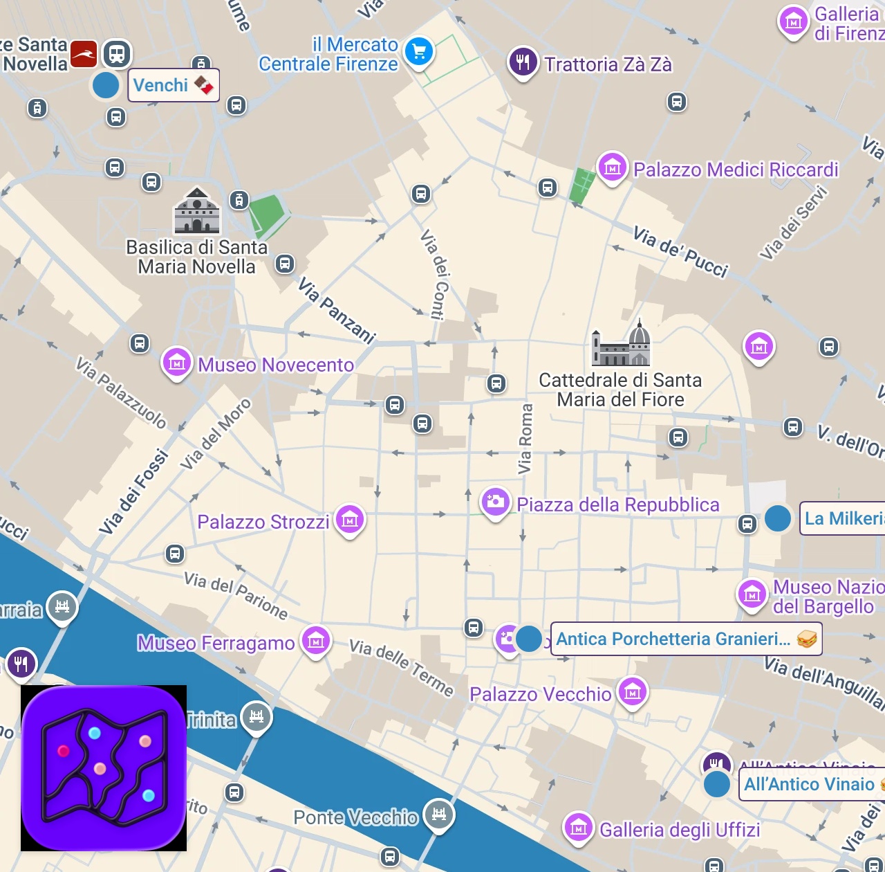 Map of 4 spots from Florence's SECRET Sandwich Hotspots! - Italian Street Food