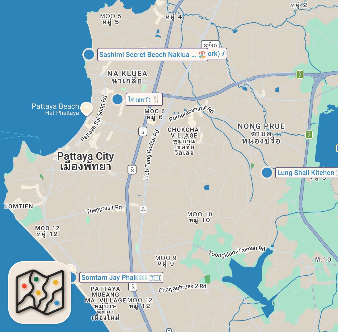 Map of 5 spots from Thai Street Food - 5 Must-Eat Spots in Pattaya, Thailand!!