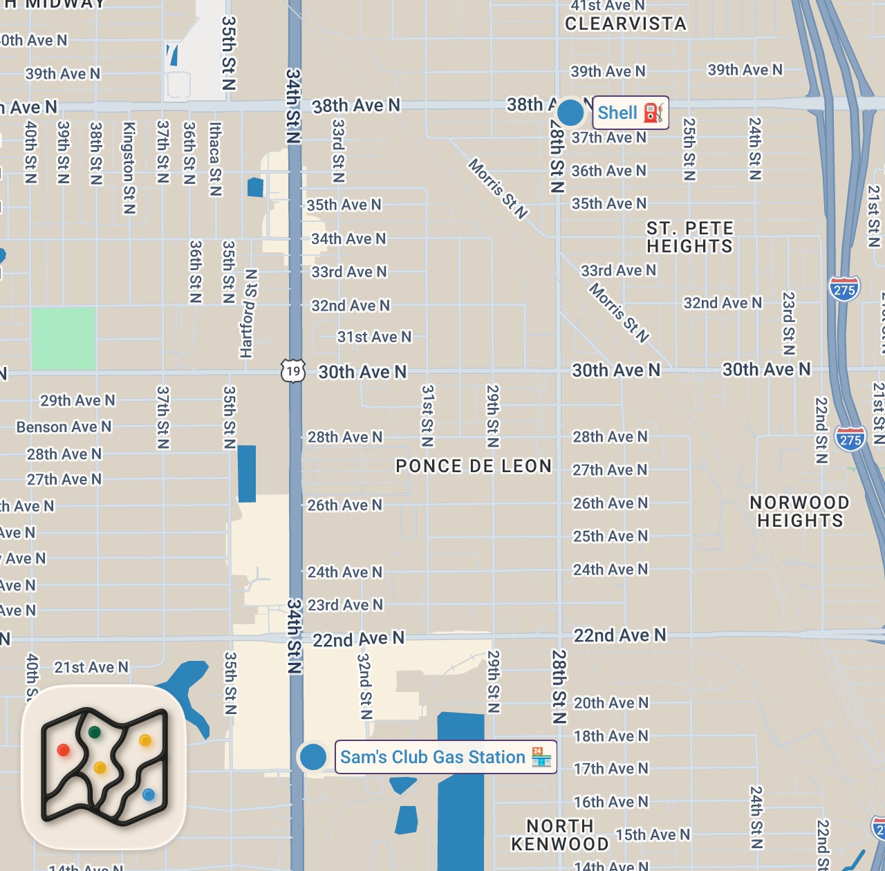 Map of 2 spots from Eating Gas Station Restaurants For 24 Hours... (Tampa / St Pete)