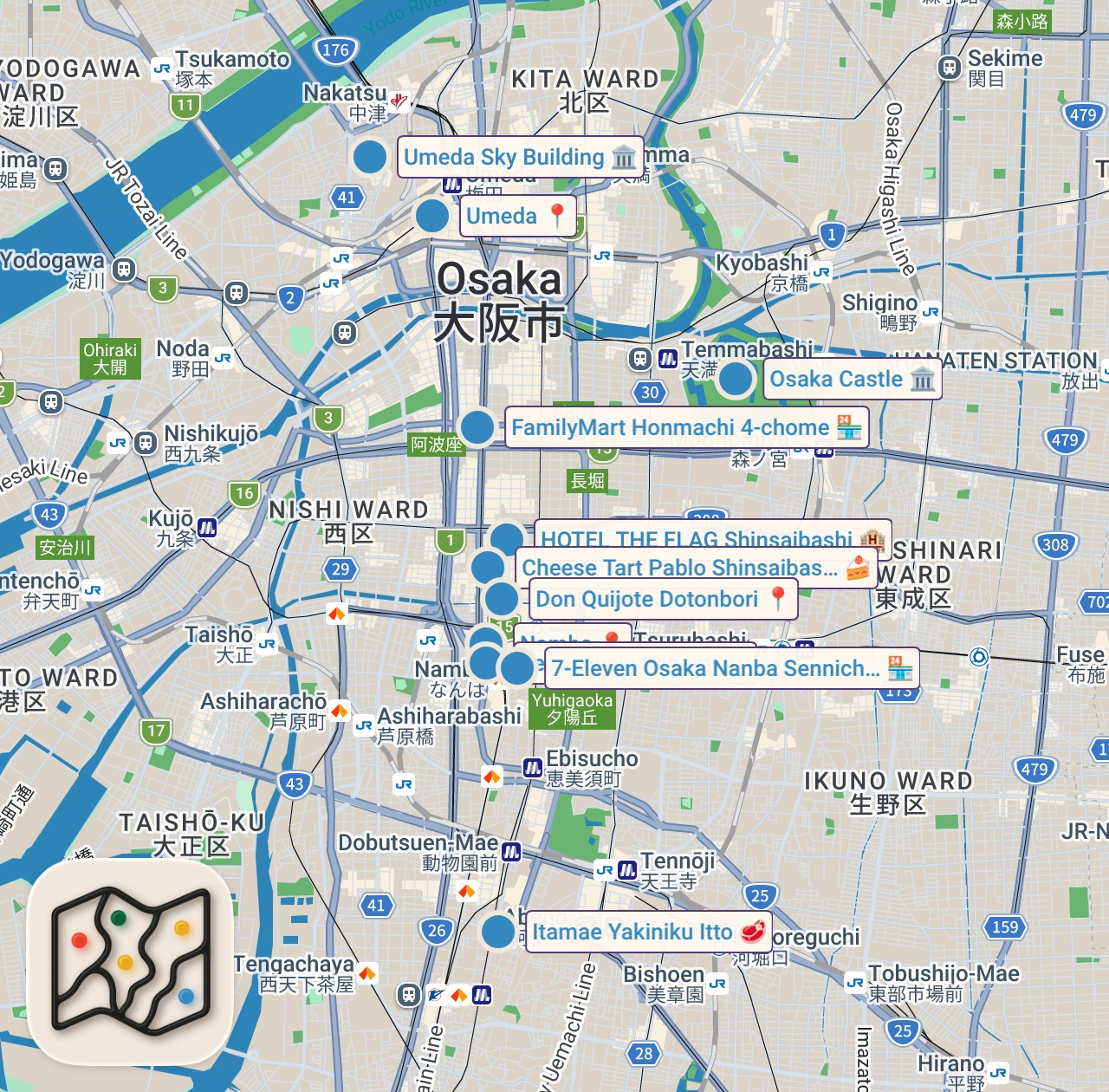 Map of 15 spots from 5 DAY OSAKA FOODIE GUIDE *must-try spots* | takoyaki, omakase, dessert heaven & best curry ever 🍛