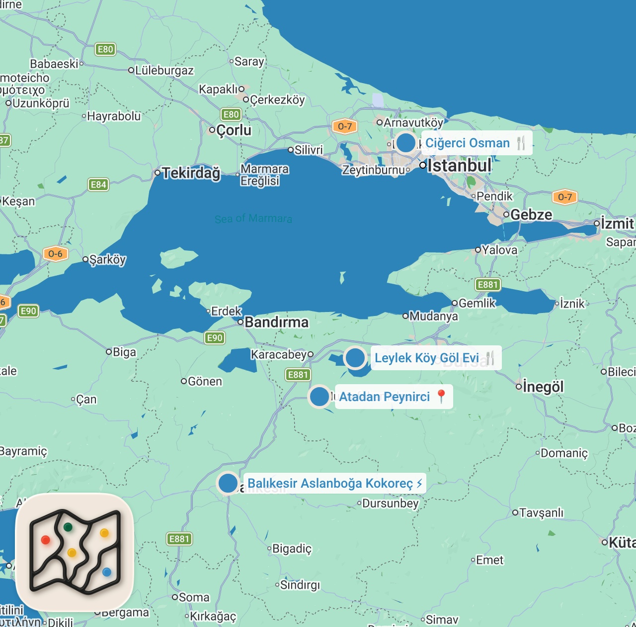Map preview for İSTANBUL - BODRUM YOL ÜSTÜ LEZZET DURAKLARI (Kahvaltı, köfte, ciğer, kokoreç) - Ayaküstü Lezzetler