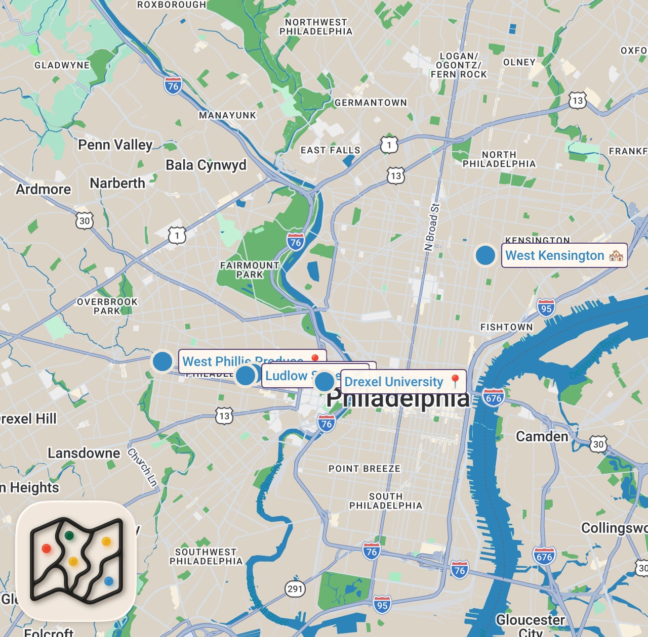 Map of 6 spots from The Black Sheep of Philly: Arnett Woodall of West Philly Produce