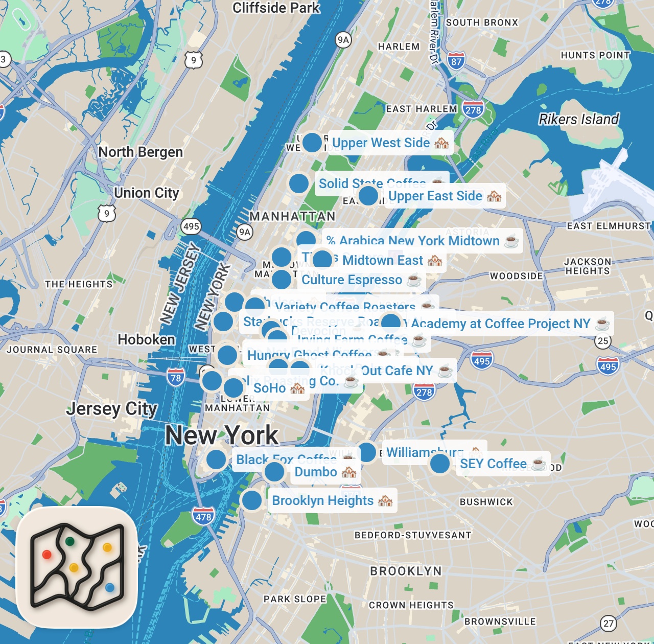 Map preview for The BEST Coffee in NYC: COMPLETE GUIDE