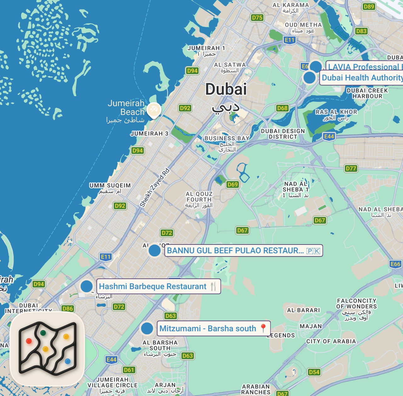 Map of 5 spots from Hidden Gems Dubai 🇦🇪 The Best Foodie Spots & Restaurants in the City