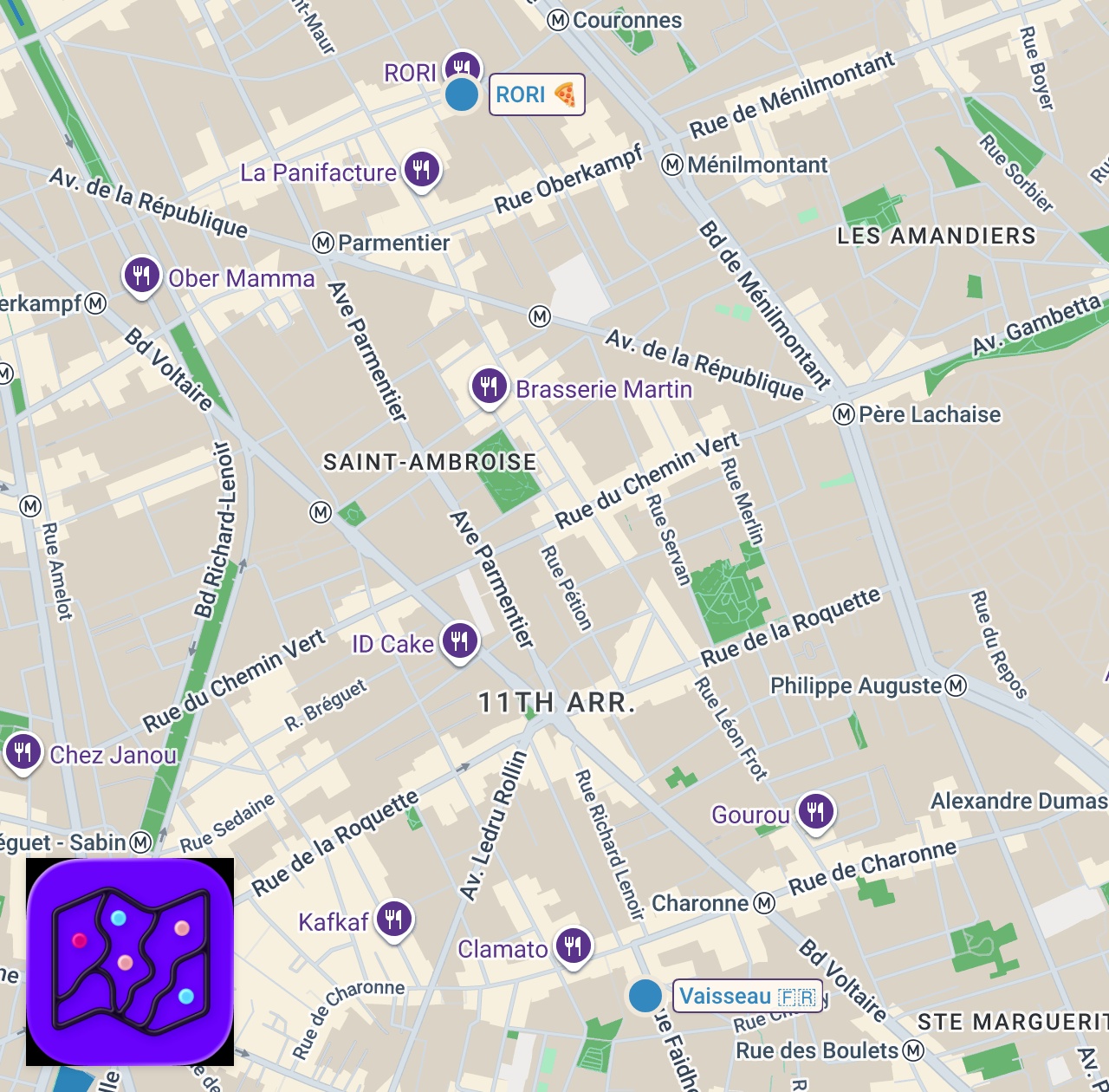 Map of 2 spots from A Pro Chef's Favorite Places to Eat in Paris | Where the Chefs Eat | Condé Nast Traveler