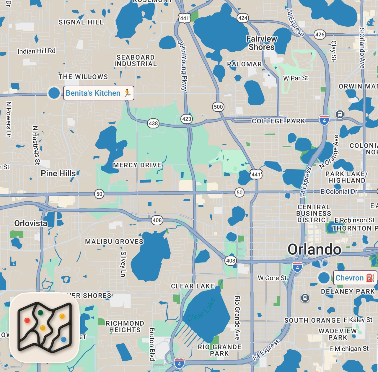 Map of 2 spots from Orlando's Hidden Haitian Food Gem inside a Gas station (Benita's Kitchen)