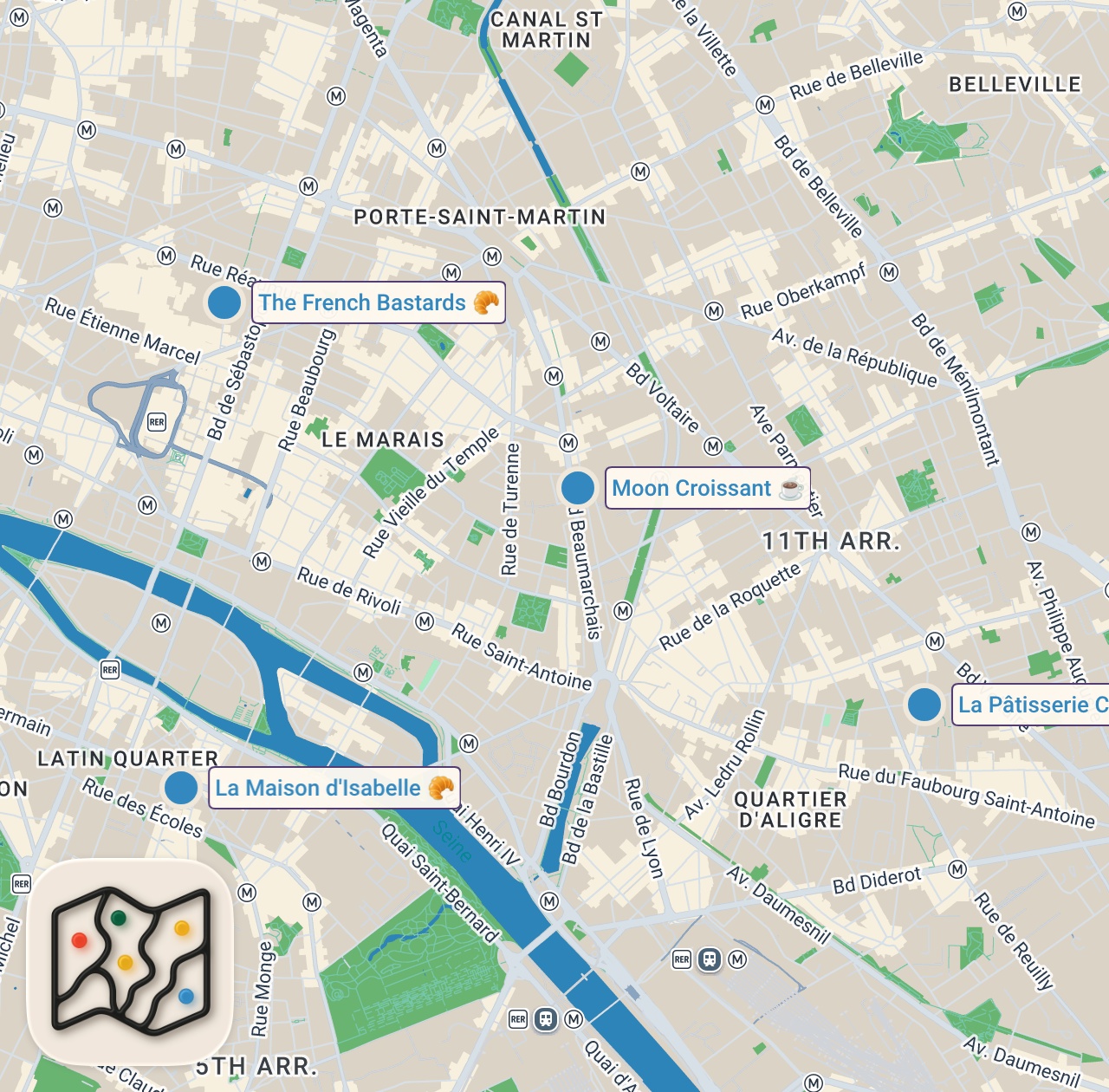 Map of 4 spots from Pastry crawl in PARIS! 🥐🍪🇫🇷