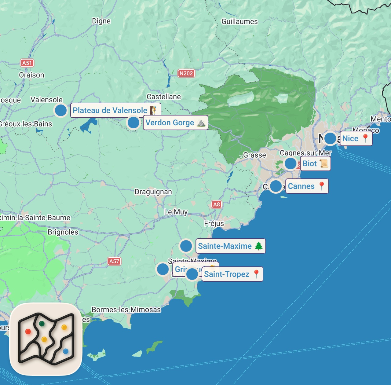 Map of 8 spots from Guide de voyage CÔTE D'AZUR : Explorez les joyaux d'Antibes, Nice, Monaco et bien plus encore !