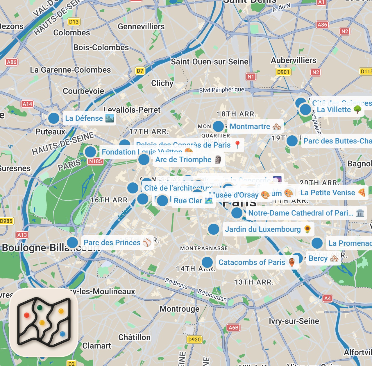 Map preview for Top 50 - Les Endroits Incontournables à Visiter à Paris (Travel vidéo)