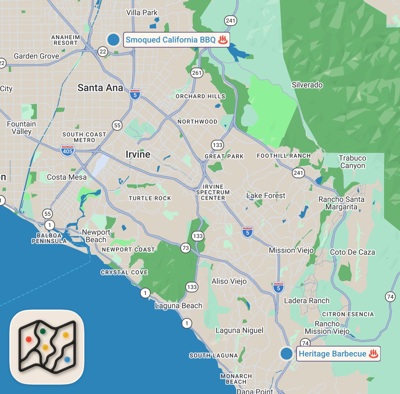 Map of 2 spots from How Pitmaster Daniel Castillo Brought Central Texas-Style Barbecue to LA — Smoke Point