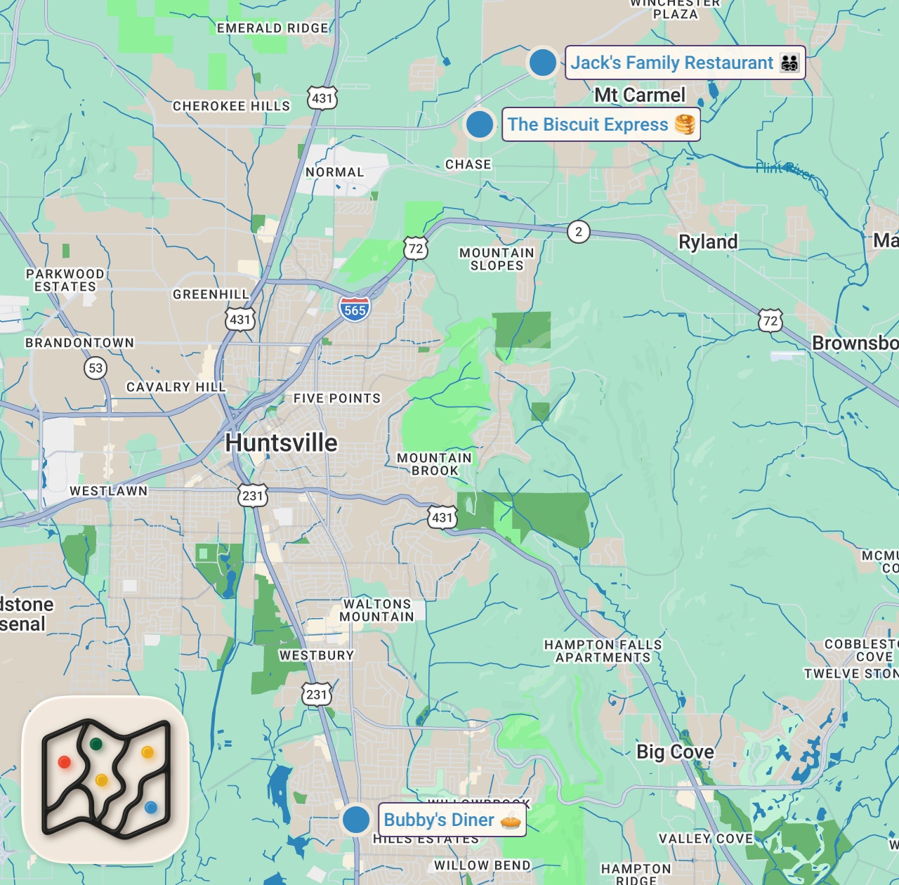 Map preview for Eating at Fast Food Restaurants I've Never Heard Of... (Huntsville, AL)