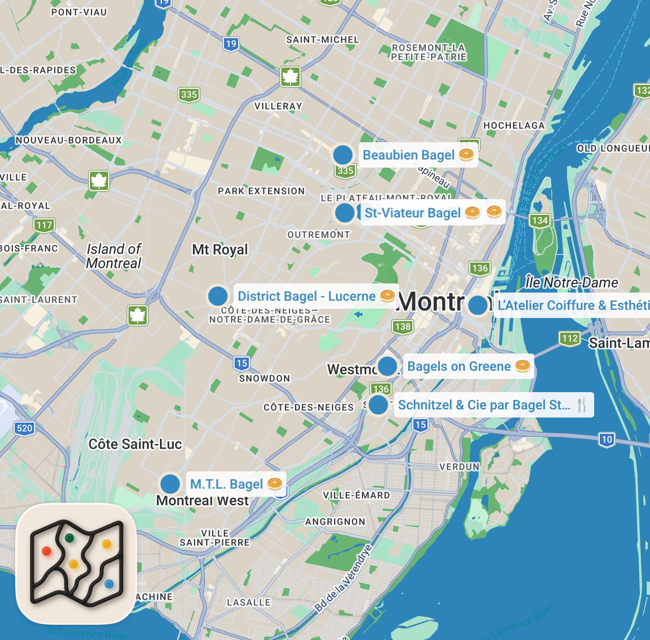 Map preview for Top 10 Best Bagels in Montreal, Canada
