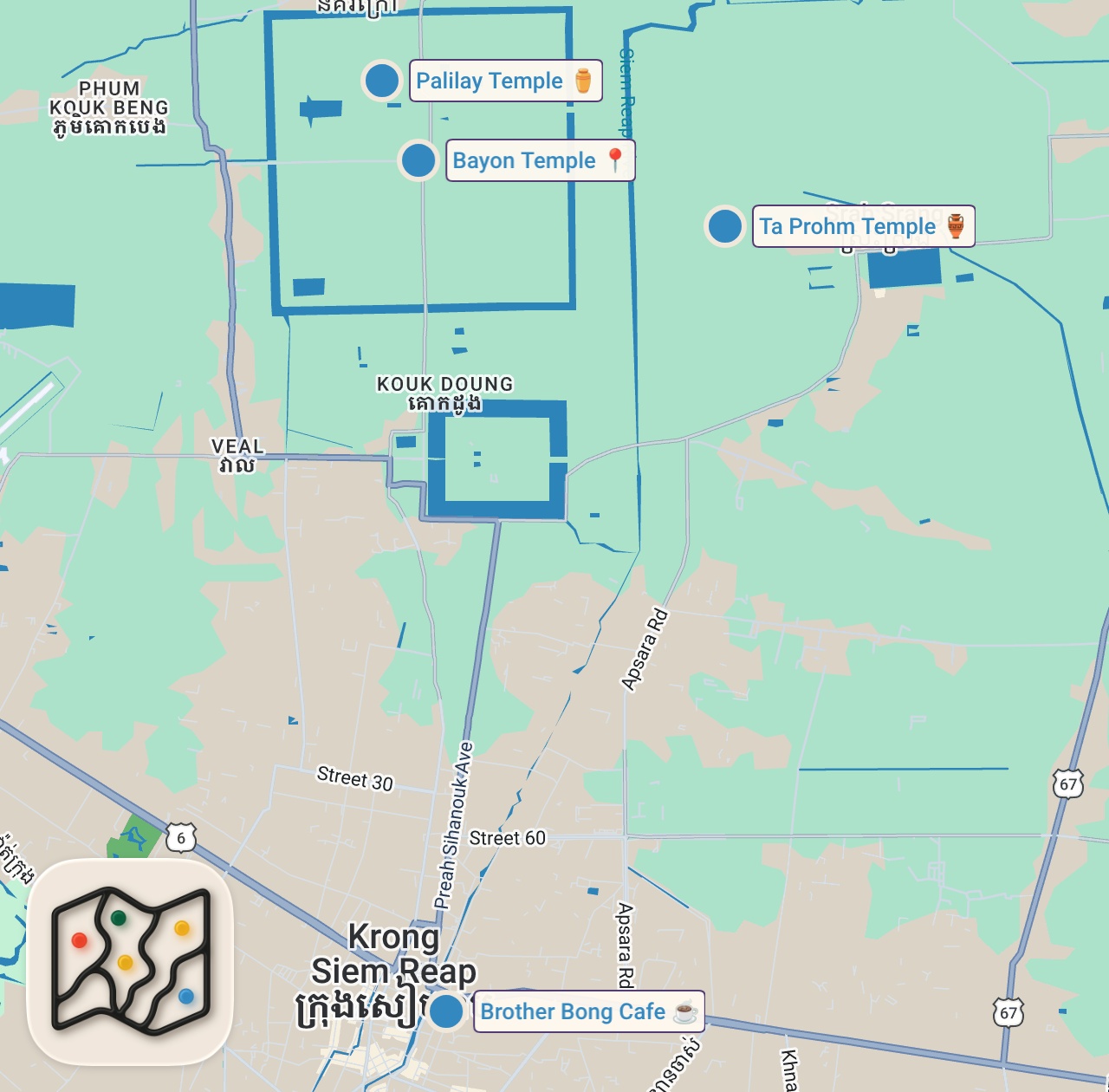 Map of 4 spots from Breathtaking Ancient Khmer History - Bayon Temple, Ta Prohm Temple, Angkor Wat, Cambodia 🇰🇭