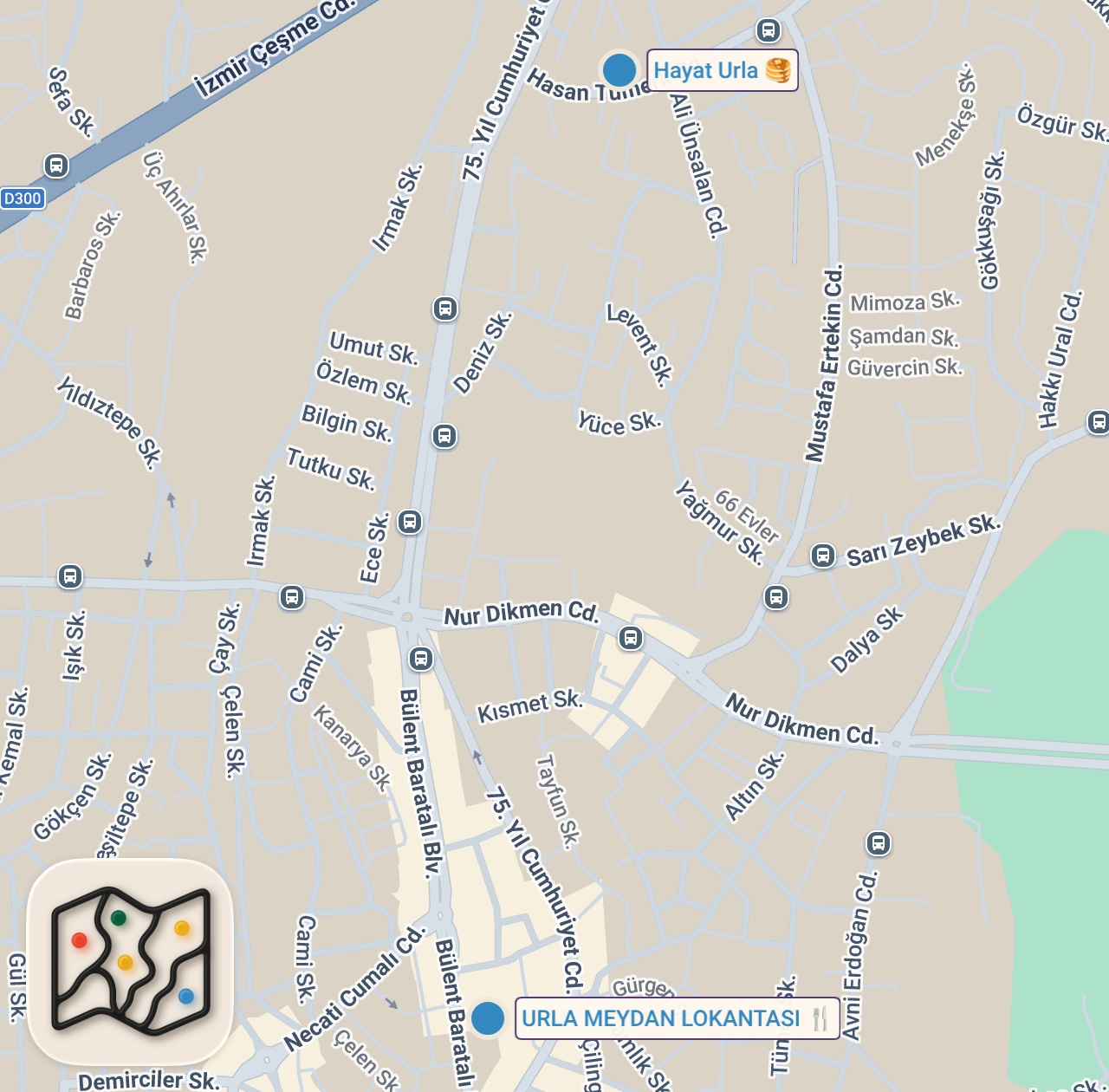 Map of 2 spots from Urla’da Şahsiyeti Olan Kahvaltı ve İyi Bir Esnaf Lokantası | Vedat Milor